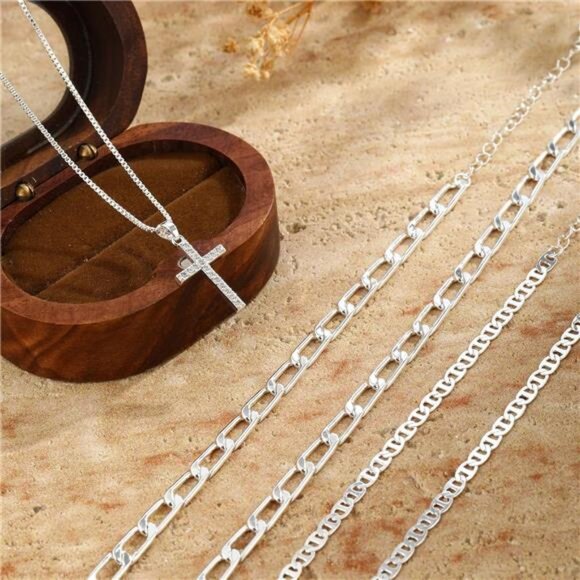 Layered Silver Chain Necklace | Zircon Cross Pendant - Picture 5 of 6